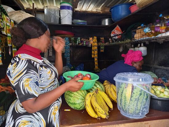 Wir kaufen Melonen, Bananen, Tomaten und Zwiebeln.