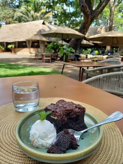 Zum Dessert einen Brauni mit Vanilleeis  - ich genieße es!