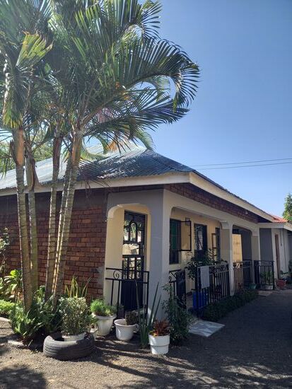 Blick auf das Gästehaus. Witness hat überall Töpfe mit Pflanzen stehen, das macht es gemütlich.