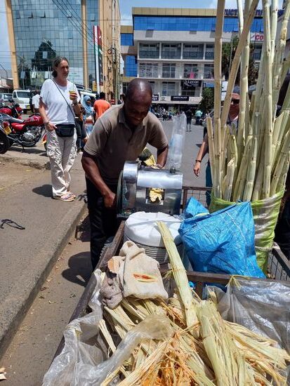 Der Saft wird vor unseren Augen aus dem Zuckerrohr gepresst.