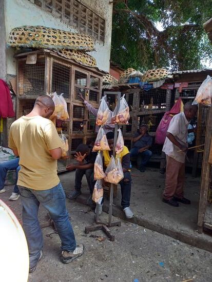 Hühner werden vor Ort geschlachtet und zum Verkauf angeboten.  Mit Tieren geht man nicht sonderlich zimperlich um.