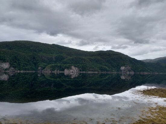 Dunkle Wolken hängen über dem Fjord. Aber die Berge spiegeln sich toll im Wasser.