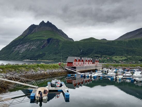Der Hafen mit den typischen roten Bootshäuschen.
