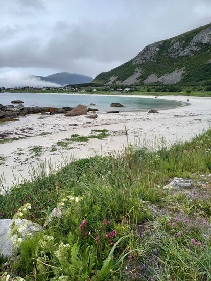 Am sichelförmigen Strand von Ramberg machen wir einen Spaziergang und bestaunen die Berge.