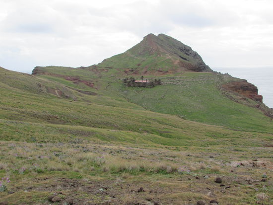 Wir blicken auf die Casa do Sardinha. Wie eine kleine Oase liegt sie dort. Unter den Palmen findet man auch Picknickbänke. Unser Ziel ist jedoch der Gipfel Ponta do Furado.