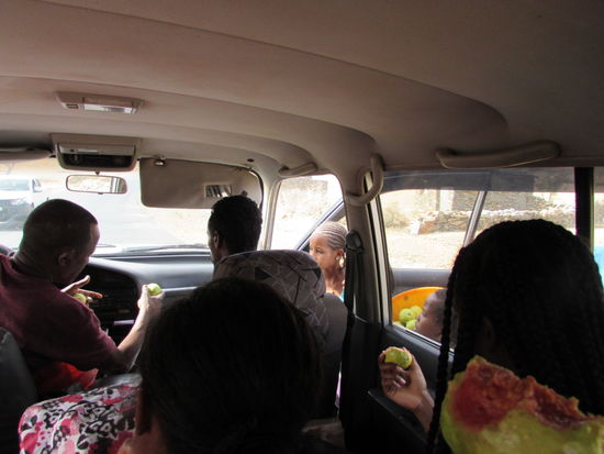 Am Straßenrand werden immer wieder Früchte angeboten. Dieses Mal stoppt der Fahrer und feilscht um den Preis.Doch schließlich wechseln Ware und Geld den Besitzer.