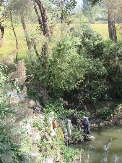 Wie hier an einem kleinen Bach ist häufig das Müllproblem zu sehen.