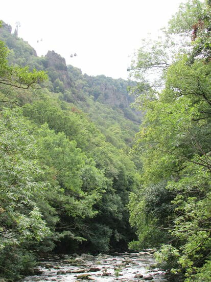 Blick auf die Bode und die Seilbahn die hinauf zum Hexentanzplatz geht.