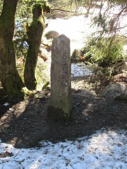 Linkerhand am Wegesrand, recht unscheinbar entdecken wir dann den ehemaligen Grenzstein "dreieckiger Pfahl".