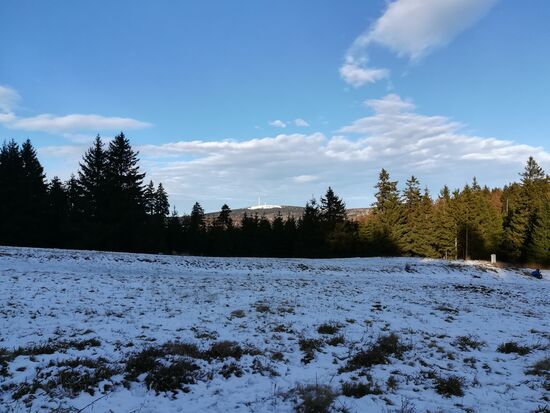 In der Ferne kann man ganz schwach den Gipfel des Brocken erkennen.
