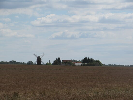 Diesen Ort und die Bockwindmühle lassen wir rechterhand liegen. Es ist drückend warm, aber gleichzeitig geht ein kühler Wind und es ist bewölkt. Es lässt sich gut gehen.