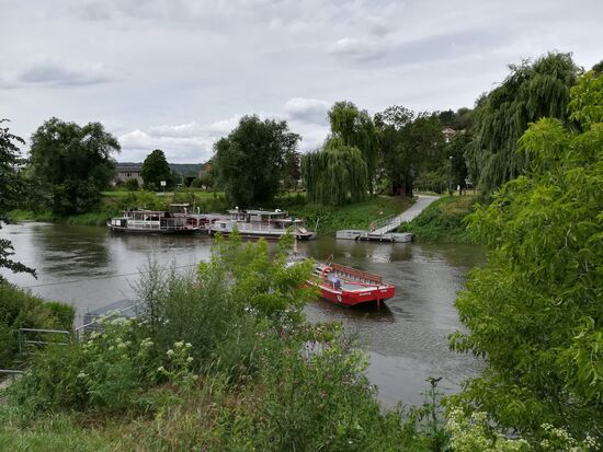 Mit einer kleinen Fähre queren wir die Unstrut und Saale.