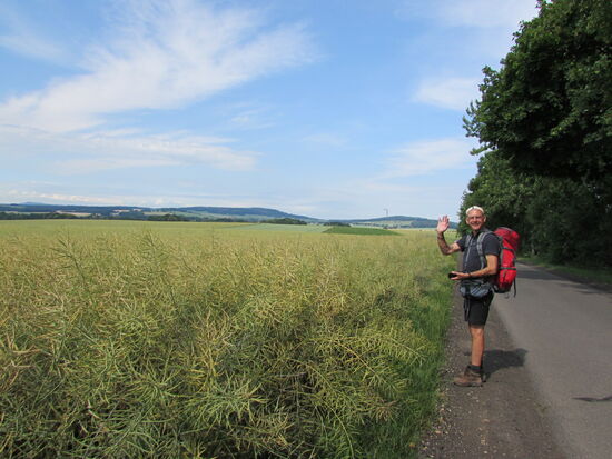 Der Weg wechselt zwischen kleinen Landstraßen und Wald und Feldwegen.