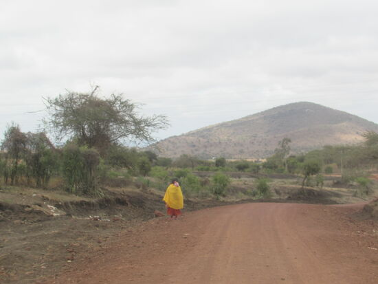 Ein Massai auf staubiger Piste zu Fuß unterwegs
