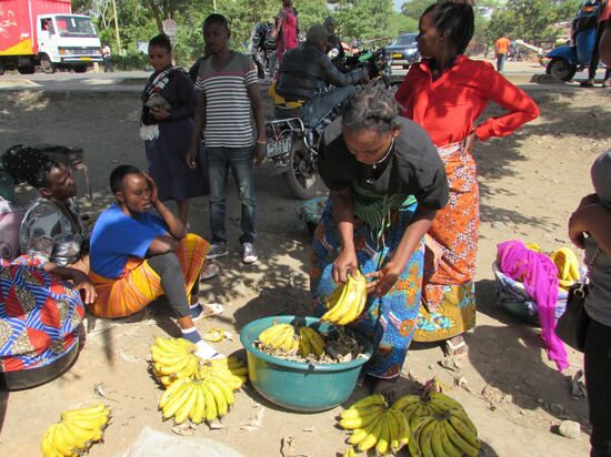 Diese Frau macht heute ein gutes Geschäft. Doch den Preis handelt Eireen aus, eine Angestellte vom Hostel. Ansonsten würden wir den doppelten Muzungu Preis zahlen.
Eine Banane kostet 100TZS.