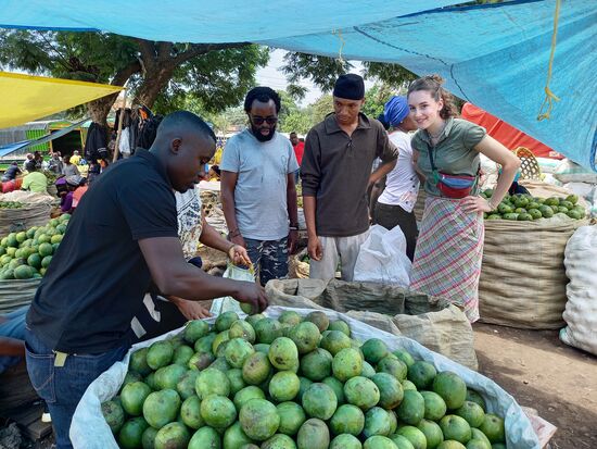 Wenige Schritte weiter stehen wir vor den riesigen Säcken mit Mangos.