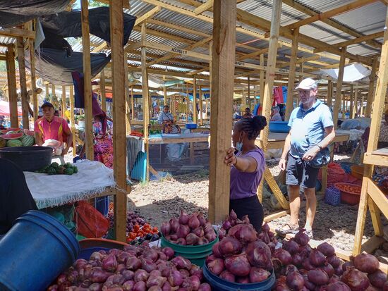 Die nächste Station ist der Markt. Hier hat sich einiges verändert in den letzten Monaten. Das muntere Durcheinander an Ständen ist diesen überdachten in Reihe und Glied angeordneten gewichen.