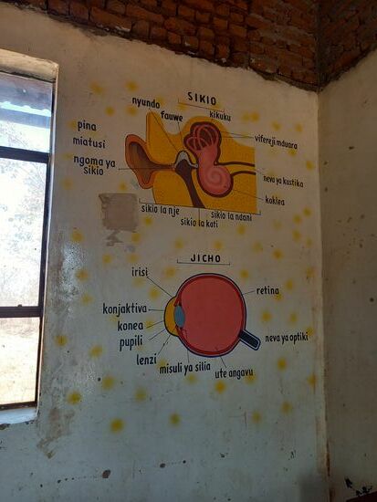 In den Klassenräumen befinden sich aufwendige Illustrationen um Lehrinhalte näher zu bringen.