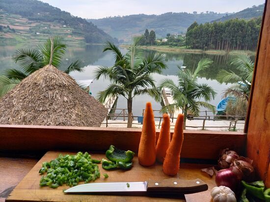 Außerdem schnippeln wir Paprika,  Möhren,  Zwiebeln und Knoblauch klein. Aber bei der Aussicht ist es das reinste Vergnügen  