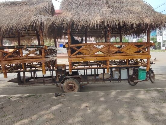 Partywagen. Wie das kleine Motorrad die beiden Wagen, zum feiern bestuhlt und mit Menschen vorwärtsbewegen kann ist uns ein Rätsel. Sie sind auch nur mit Stricken auf dem Metallgerüst befestigt, da hätte der TÜV seine Freude. Aber wie oft in Südostasien denken wir das funktioniert nie und es geht dann doch.