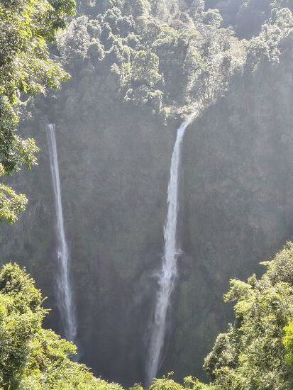 Der Zwillingsfall Tad Fane hat eine Höhe von über 100 m und ist wenn man keine Zipline nutzt nur aus der Ferne zu sehen.