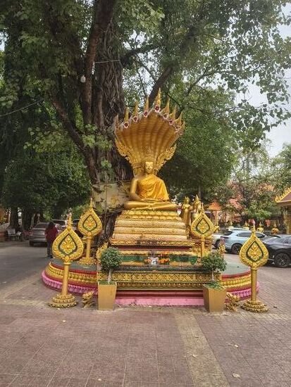Buddhafiguren umgeben den Tempel