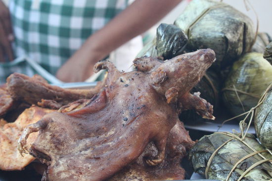Auch Meerschweinchen wurden gegrillt, die schaun aber immer so arm aus auf dem Grill dass ich noch keins probieren konnte. Am Samstag gabs dann Fisch im Bananenblatt gegrillt für uns, der war sehr lecker.