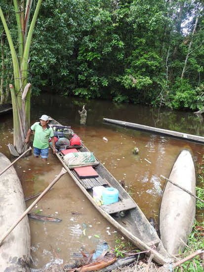 Unser Kanu wird mit allen Vorräten für eine Woche beladen und da braucht man eine Menge. Im Park gibt es kein Trinkwasser (zumindest nicht für keimungewohnte Touristen), für unsere verwöhnten Hintern gab es sogar Sitzkissen.
Vorne paddelte Santos und hinten war Wellingtons Platz.