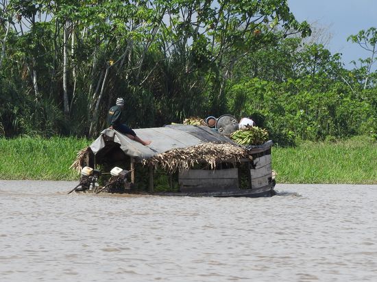 Manchmal sind die kleinen Boote so vollgeladen dass sie nur noch ganz knapp über der Wasserlinie liegen.