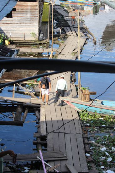 Der Steg zu den Booten ging über eine hohe wackelige Treppe teilweise auch ohne Geländer und dann über schwankende Holzplanken.