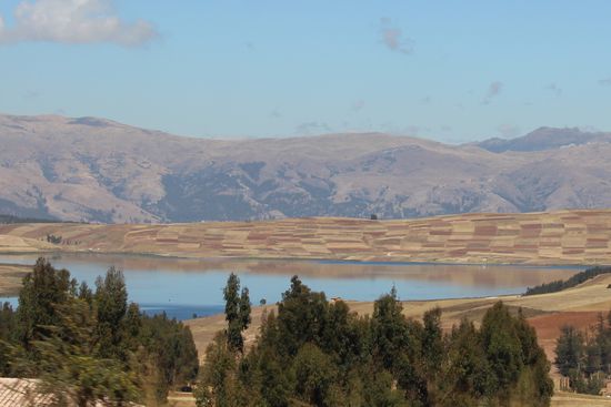 So sieht man die Lagune von der Straße aus, die schachbrettartigen Felder umrahmen sie.