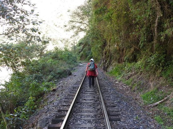Spätestens nach 20km interessierten weder schönes Flußtal noch Blumen und Vögel, sondern man hofft nur dass die nächste KM-Marke bald auftaucht. Der Weg war dann aber auch nicht mehr so angenehm da man immer abwechselnd links und rechts direkt an den Gleisen gehen musste und manchmal am einfachsten direkt darauf. Die spitzen Steine vom Schienenbett waren durch die Bergschuhe zu spüren und wir trafen unterwegs auch nur 4 Touristen und einige Einheimische die an der Strecke leben.