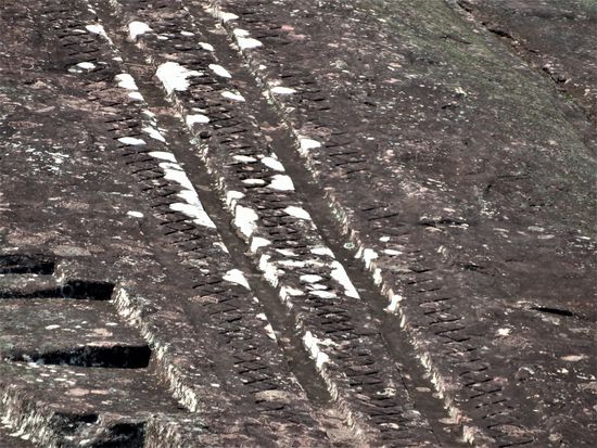Der Felsen zeigt die Abbildung vieler Tiere, geometrischen Figuren, Schiffe und Kanäle. Hier ein Teil der Schlange die den Felsen mittig teilt.