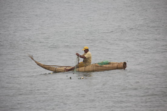 Fischer fahren mit ihren Schilfpferdchen genannten Booten raus um die Fische aus den Netzen zu holen
