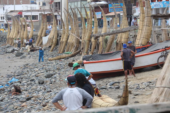 Die aufgereihten Schilfboote am Strand