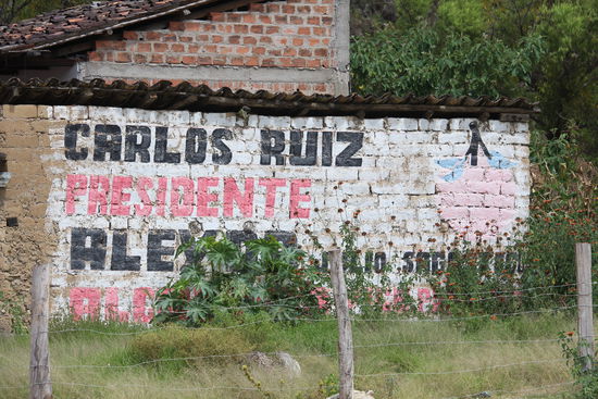 Wahlwerbung gibt's hier nicht auf Hochglanz gedruckt, sondern groß auf die Häuserwände gemalt, so weiß jeder für wen sein Nachbar bei der Wahl stimmt. Hier gibt es auch eine Wahlpflicht und wer nicht geht muss spätestens wenn er  was von einem Amt braucht die Strafe zahlen. Und die liegt bei umgerechnet etwa 80 Euro, das ist in Peru viel Geld.