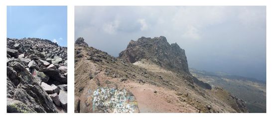 Die letzte Anstrengung und der (nebelige) Blick vom Gipfel Richtung Puebla (nicht sichtbar)
