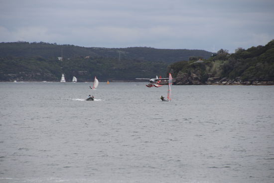 Ein Wasserflugzeug setzt zur Landung an - im Hafen von Sydney