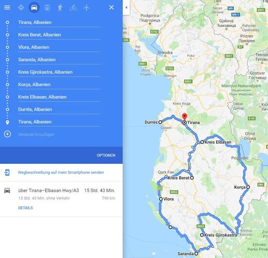 Grobe Reiseroute (zumindest die Übernachtungen); Quelle: Google Maps