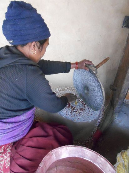 Die Bohnen für unser Dhal werden gemahlen.