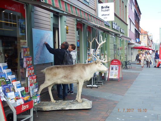 in die Fussgängerzone Richtung Brücke, denn wir wollten uns die morderne Kirche auf der anderen Seite des Fjords anschauen und standen ein wenig unter Zeitdruck, da man uns gesagt hatte, dass dort ab 15.00 Uhr eine Hochzeit stattfinden würde. So liefen wir Richtung Brücke, um zur anderen Seite zu gelangen