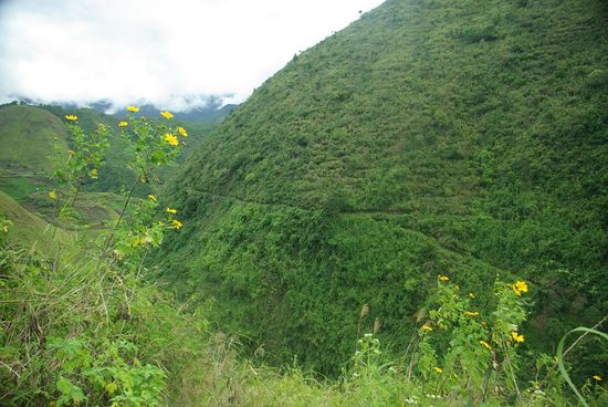 Man kann hier schön den Weg am Berghang sehen den wir gekommen sind .