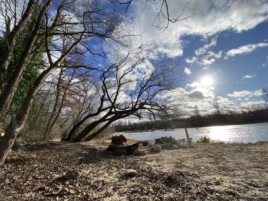 Ein paar Sonnenstrahlen an meinem kleinen Sandstrand auf Zeit bei den Isteiner Schwellen.