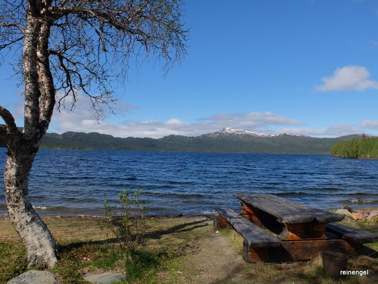 Einsam, einsamer am einsamsten ist diese Gegend an der norwegischen Grenze um diese Jahreszeit. Kurz vorm Pass bei Ankarede dieser Stellplatz mit klarster Aussicht auf den Stora Blåsjön (Blauer See).