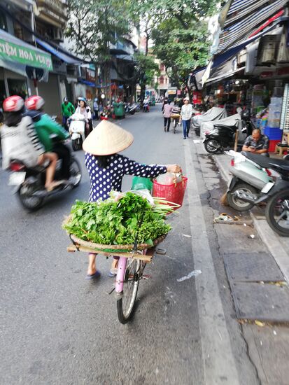 In Hanoi bewegt man sich auf engen Straßen zu Fuß mit dem fließenden Verkehr.