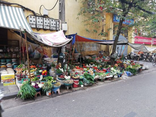 Frische Lebensmittel auf Auspuffhöhe am Straßenrand: Willkommen in Hanoi