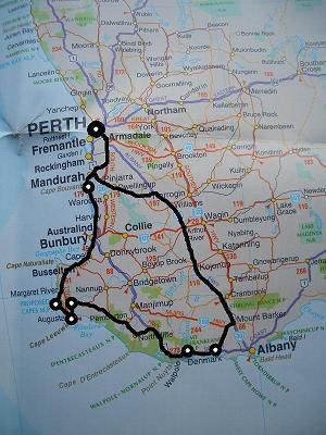 Weg von Perth nach Mandurah- Denmark- Valley of Trees- Karridale- Cape Leuwin- Haemlin- Perth-Fremantle