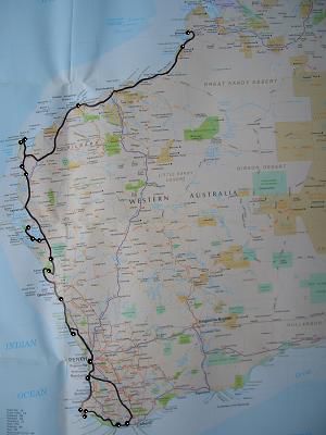 Weg von Perth – Nambung NP. – Dongara – Kalbarri – Nerren Nerren – Hamelin – Nanga Bay - Monkey Mia – nahe Warroora Station – Coral Bay – Exmouth – Cape Range NP. – Karratha - Broome