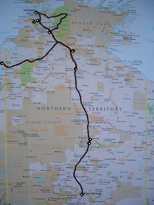 Weg Darwin – Kakadu Nationalpark - Pine Creek – Matranka (Elsey NP) – Daly Waters - Devil’s Marbles - Wauchope – Alice Springs