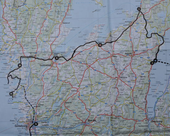 Weg von Göteborg nach Sjötorp (Start des Götekanals zwischen dem Vänern- und Vätternsee), oberster Punkt